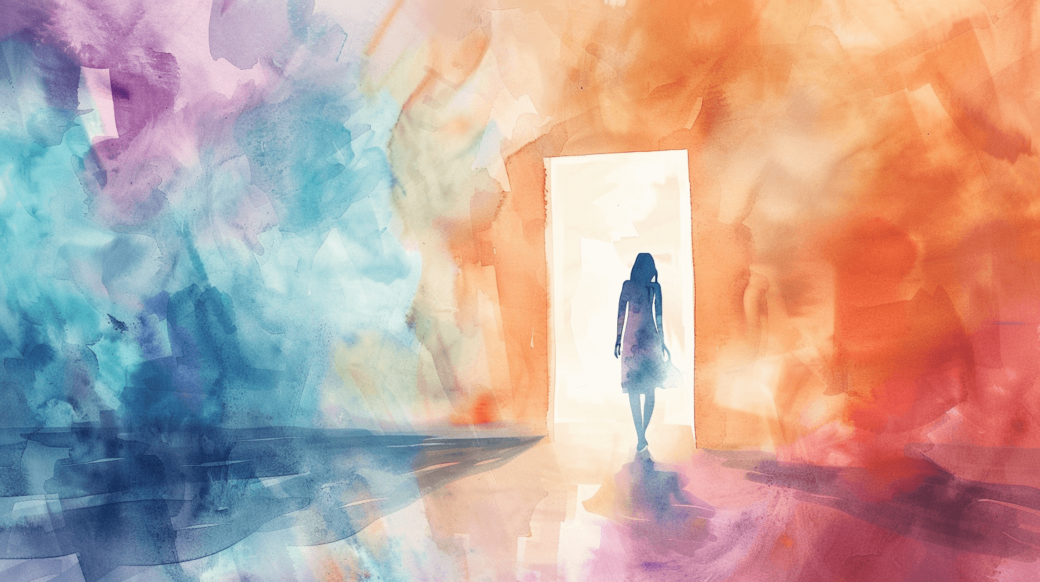 Woman stepping through doorway from darkness into light, symbolizing hope after postpartum depression